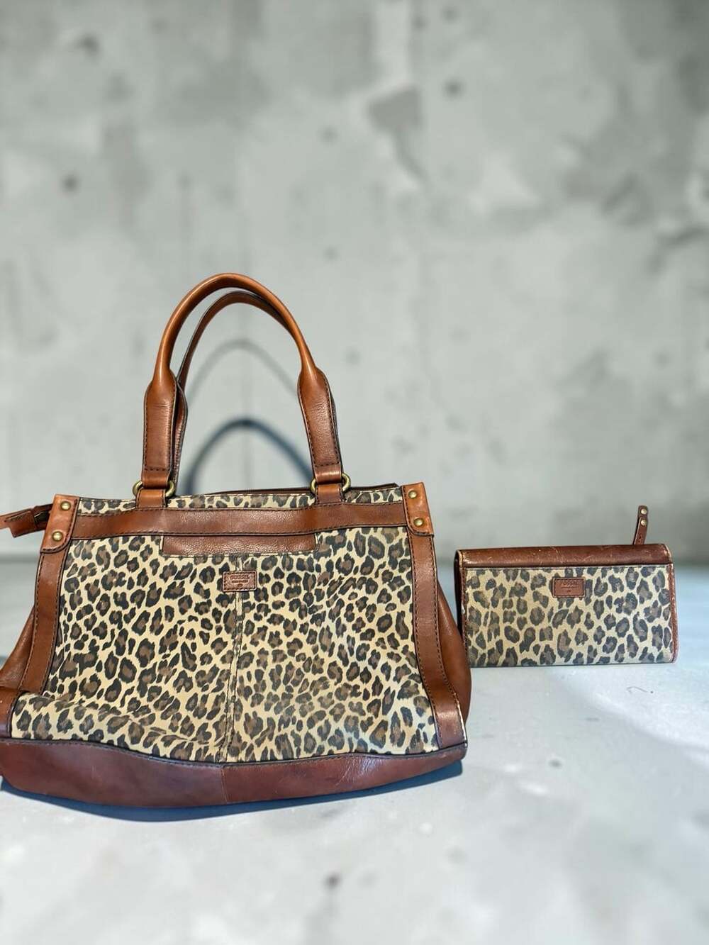 Fossil Leopard Print Canvas Brown Leather Satchel Handbag / Matching Wallet